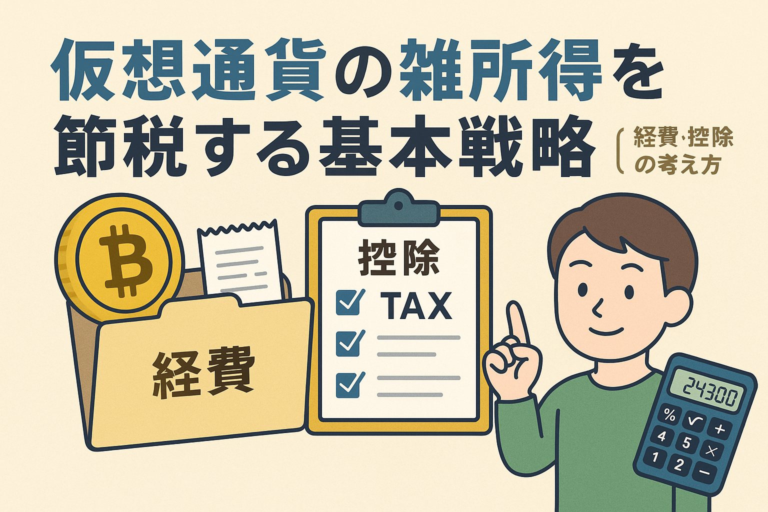 仮想通貨の雑所得の節税をテーマにしたイラスト。経費フォルダ、ビットコイン、控除チェックリスト、電卓を持つ人物が描かれ、節税をわかりやすく表現。