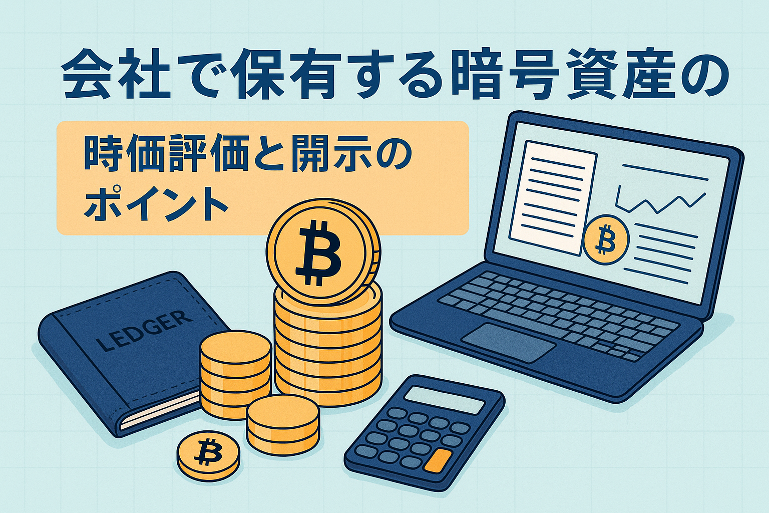 会社で保有する暗号資産の会計処理をテーマにしたビジネス風イラスト。ノートパソコン、ビットコインのコイン、帳簿、電卓が並び、時価評価と開示をイメージ。