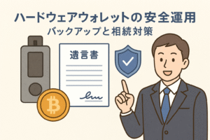 ハードウェアウォレットの安全運用をテーマにしたビジネスイラスト。デバイス、ビットコイン、遺言書、盾マーク、スーツ姿の男性が描かれ、資産保護と相続対策を象徴。