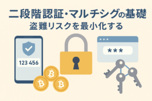 二段階認証とマルチシグをテーマにしたイラスト。スマートフォン、鍵、パスワード入力画面、ビットコインのコインなどが描かれ、盗難リスク対策を表現。