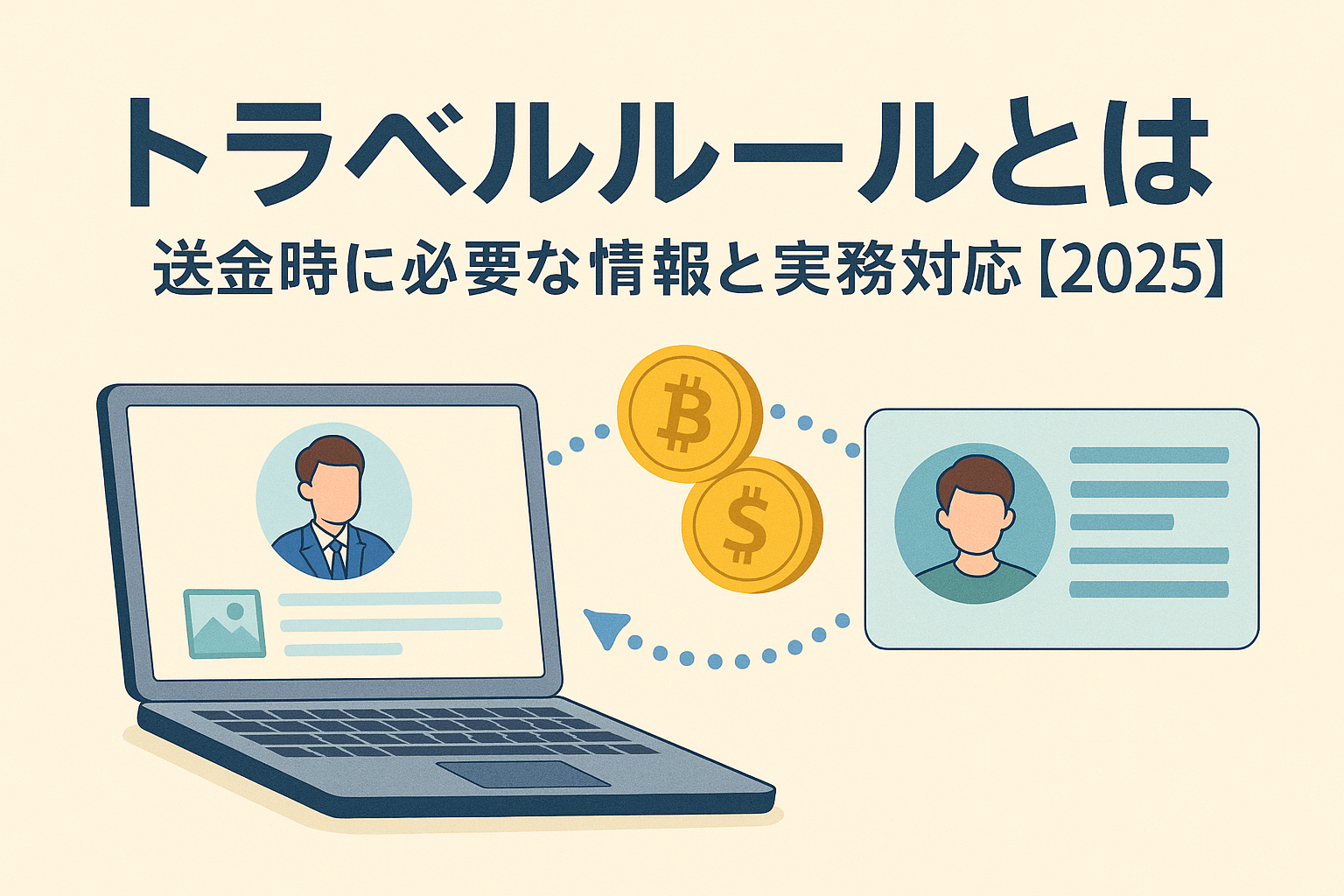トラベルルールをテーマにしたイラスト。ノートパソコン、仮想通貨のコイン、身分証明カードが描かれ、送金情報の共有と本人確認を表現。