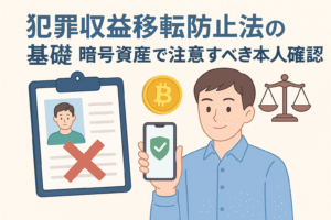 暗号資産における本人確認をテーマにしたイラスト。スマートフォン、身分証、ビットコイン、天秤のシンボルが描かれ、法令遵守と安全な取引を表現。