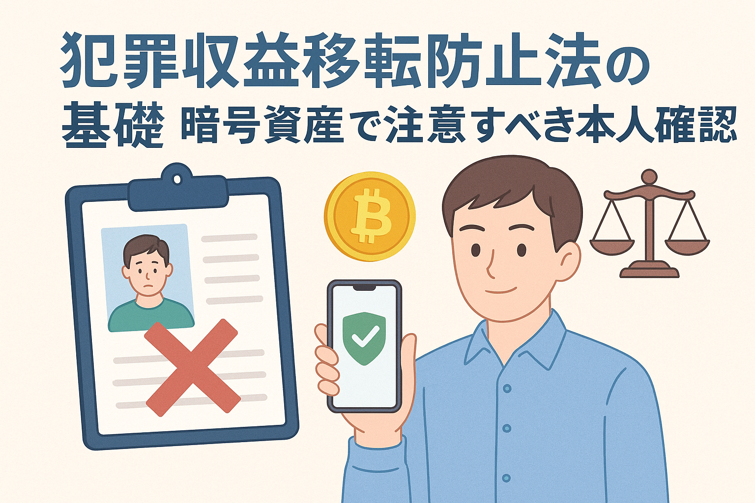 暗号資産における本人確認をテーマにしたイラスト。スマートフォン、身分証、ビットコイン、天秤のシンボルが描かれ、法令遵守と安全な取引を表現。