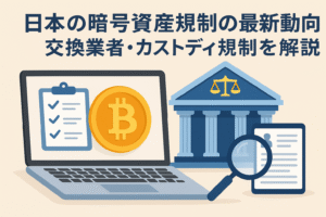 日本の暗号資産規制をテーマにしたイラスト。ビットコインのシンボル、法律文書、ノートパソコン、裁判所の建物が描かれ、交換業者とカストディ規制の概念を表現。