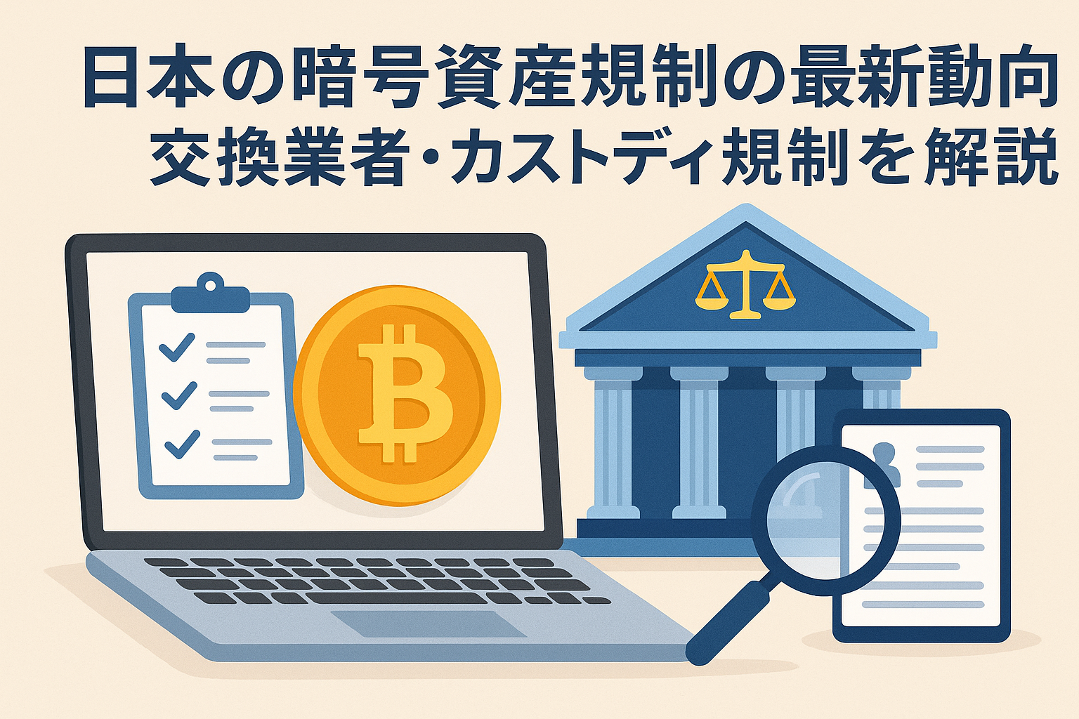 日本の暗号資産規制をテーマにしたイラスト。ビットコインのシンボル、法律文書、ノートパソコン、裁判所の建物が描かれ、交換業者とカストディ規制の概念を表現。