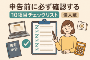申告前チェックリストをテーマにしたイラスト。女性が書類のチェックリストを確認し、ノートパソコンや電卓、確定申告書が並ぶ。