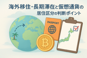 海外移住と仮想通貨の税務をテーマにしたイラスト。地球儀、パスポート、ビットコイン、チェックリストが描かれ、居住区分判断のイメージを表現。