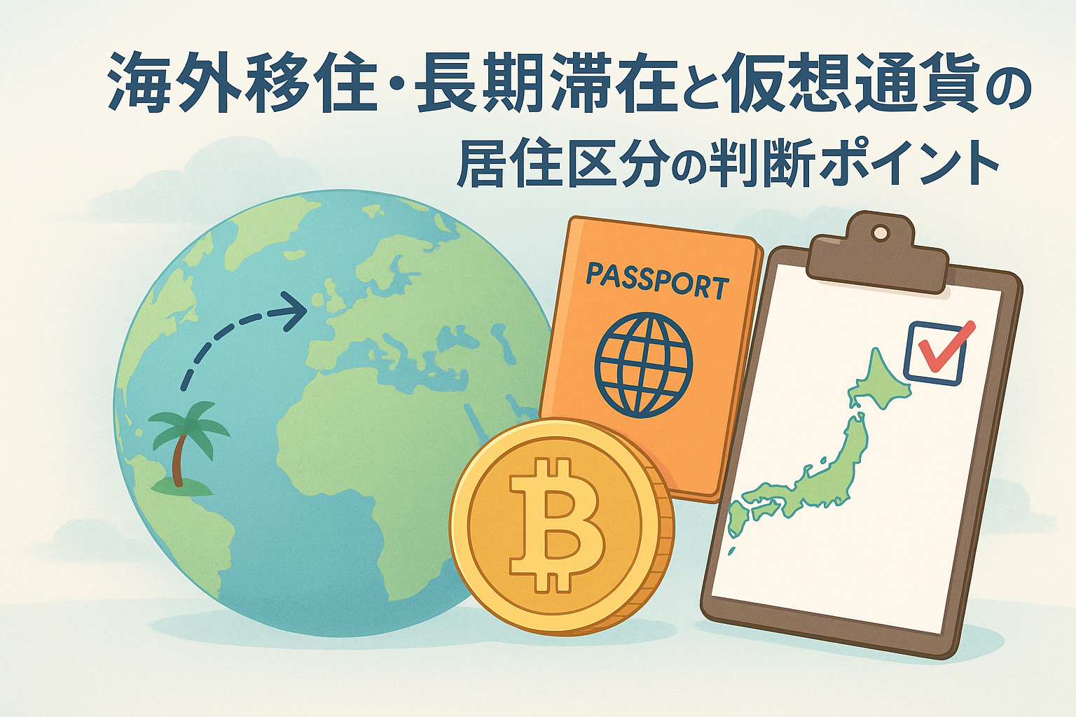 海外移住と仮想通貨の税務をテーマにしたイラスト。地球儀、パスポート、ビットコイン、チェックリストが描かれ、居住区分判断のイメージを表現。