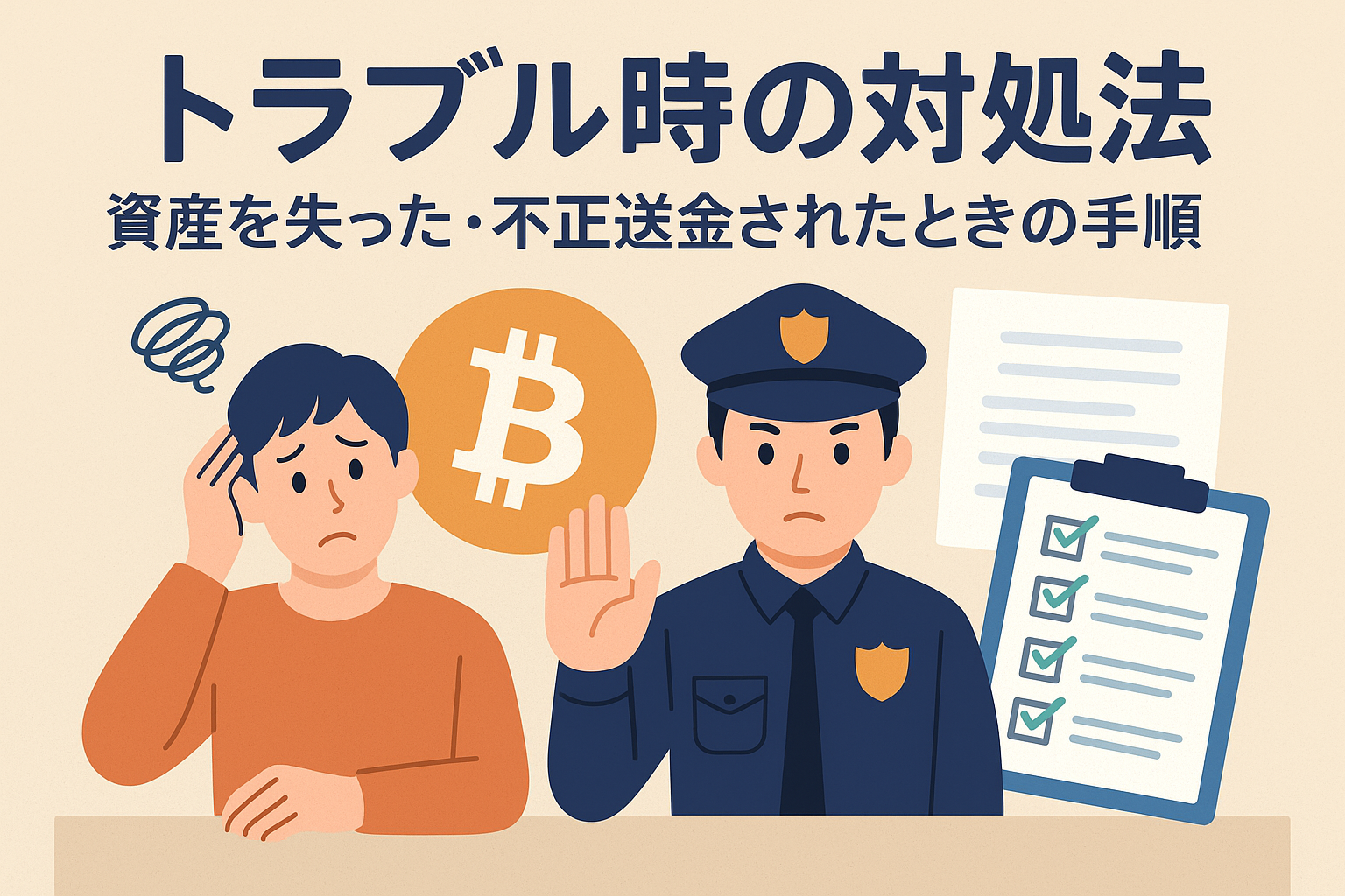 仮想通貨トラブル時の対応をテーマにしたイラスト。困っている投資家と警察官、ビットコイン、チェックリストが描かれ、対処手順を象徴的に表現。