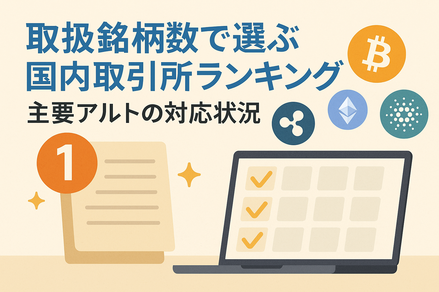 国内仮想通貨取引所の銘柄数ランキングを示すイラスト。ビットコインやイーサリアムなど主要アルトコインのアイコンとチェックリストが描かれている。
