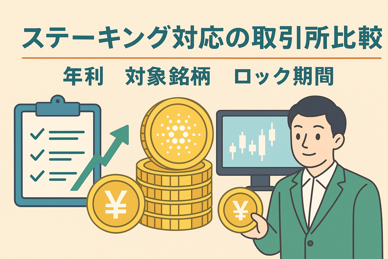 仮想通貨ステーキング対応取引所を比較するイラスト。コイン、チャート、チェックリストを背景に「ステーキング対応の取引所比較｜年利・対象銘柄・ロック期間」と大きく書かれた親しみやすいデザイン。