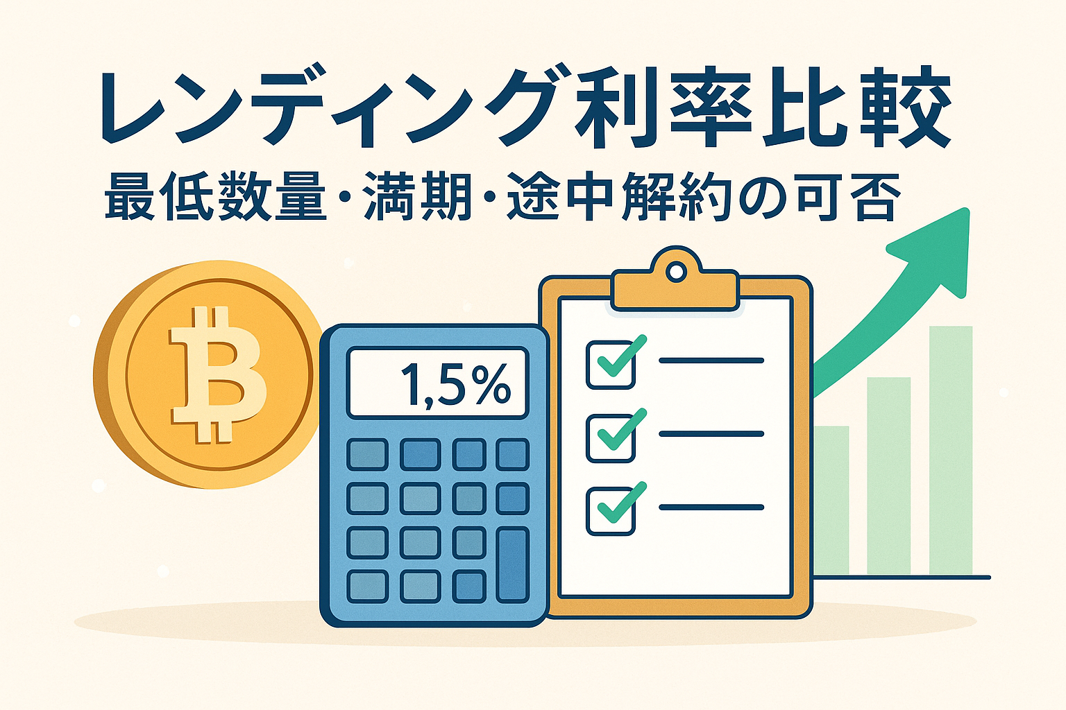仮想通貨レンディング利率の比較をイメージしたイラスト。ビットコインのコイン、電卓、チェックリスト、上昇グラフを背景に「レンディング利率比較｜最低数量・満期・途中解約の可否」と書かれた親しみやすいデザイン。
