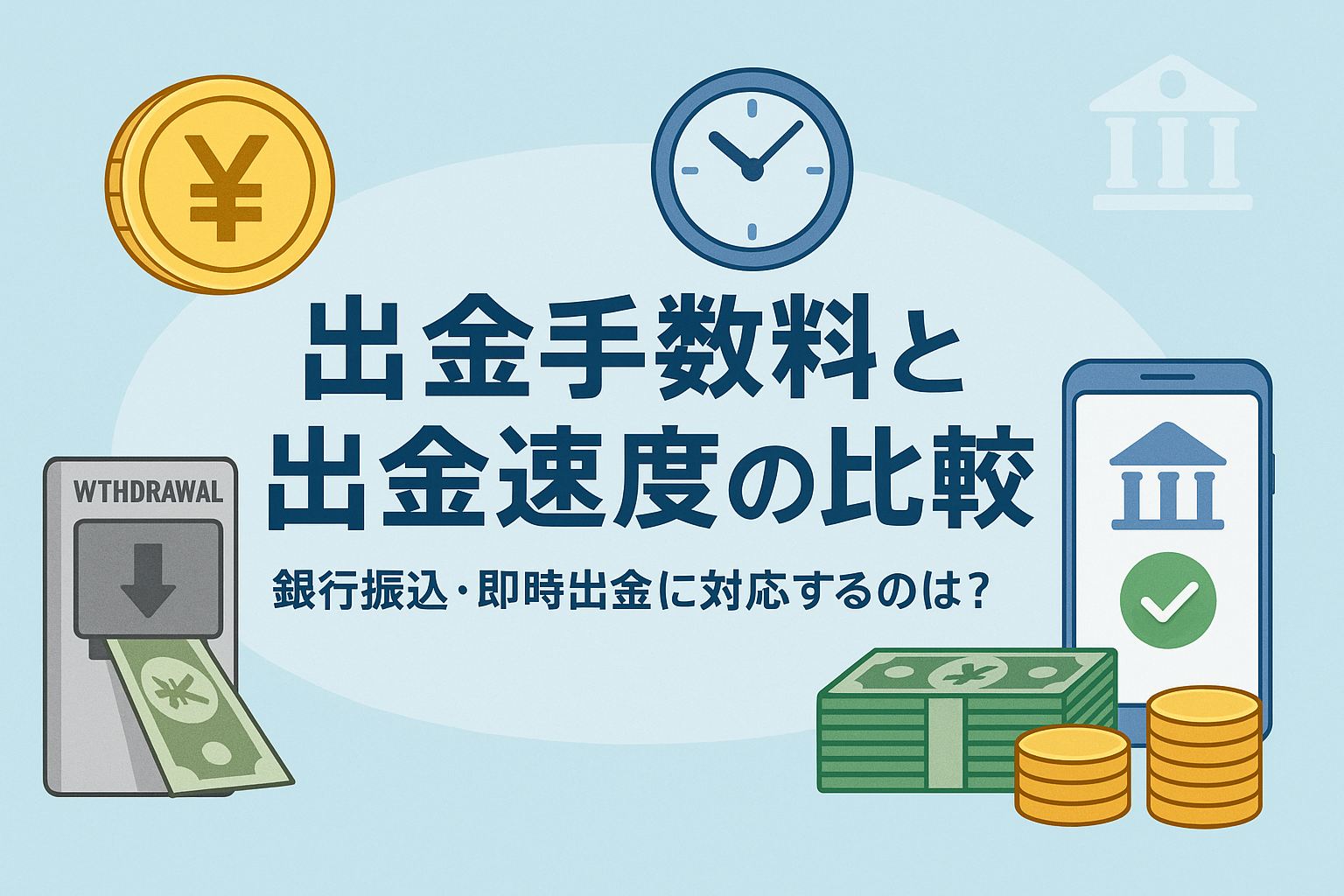 仮想通貨取引所の出金手数料と出金速度を比較するイラスト。ATMからの出金、スマートフォンの銀行アプリ、時計、円マークなどを背景に「出金手数料と出金速度の比較｜銀行振込・即時出金に対応するのは？」と書かれたデザイン。