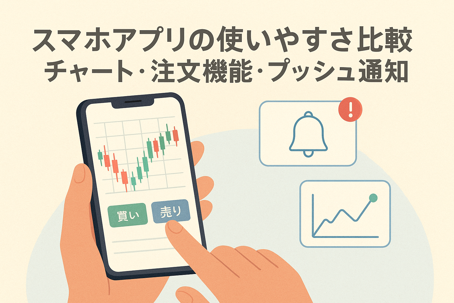 スマホで仮想通貨取引アプリを操作するイラスト。チャート画面と「買い」「売り」ボタン、通知アイコンを背景に「スマホアプリの使いやすさ比較｜チャート・注文機能・プッシュ通知」と書かれたデザイン。