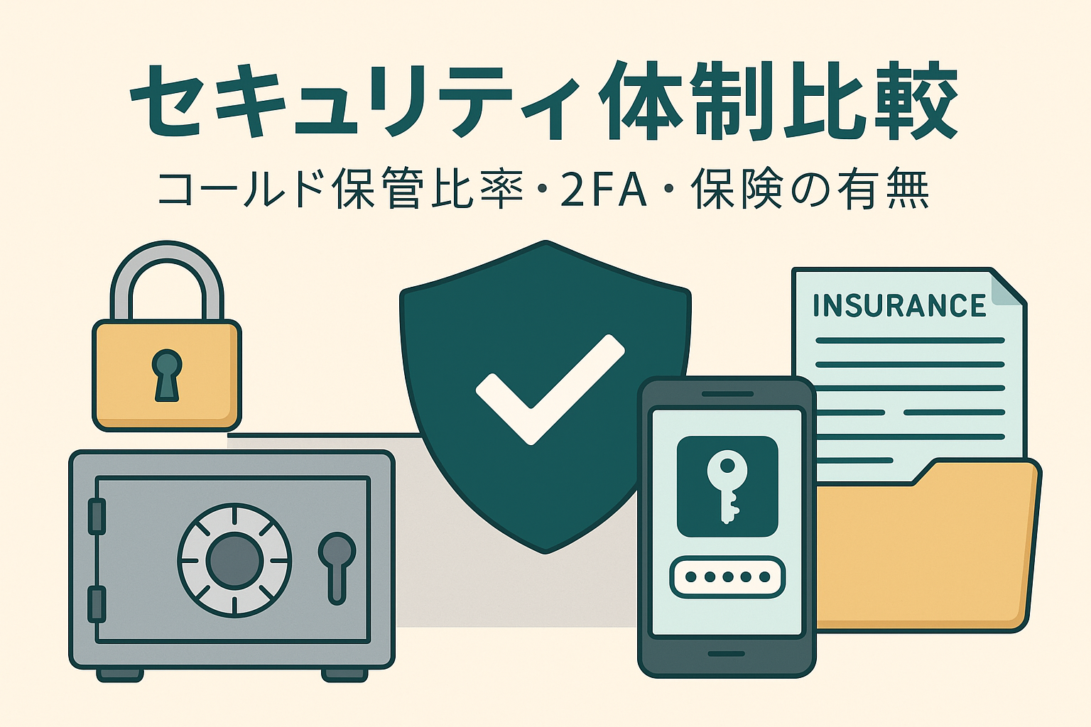 仮想通貨取引所のセキュリティ体制をイメージしたイラスト。金庫、鍵、スマートフォンの2FA画面、盾マーク、保険書類を背景に「セキュリティ体制比較｜コールド保管比率・2FA・保険の有無」と書かれたデザイン。