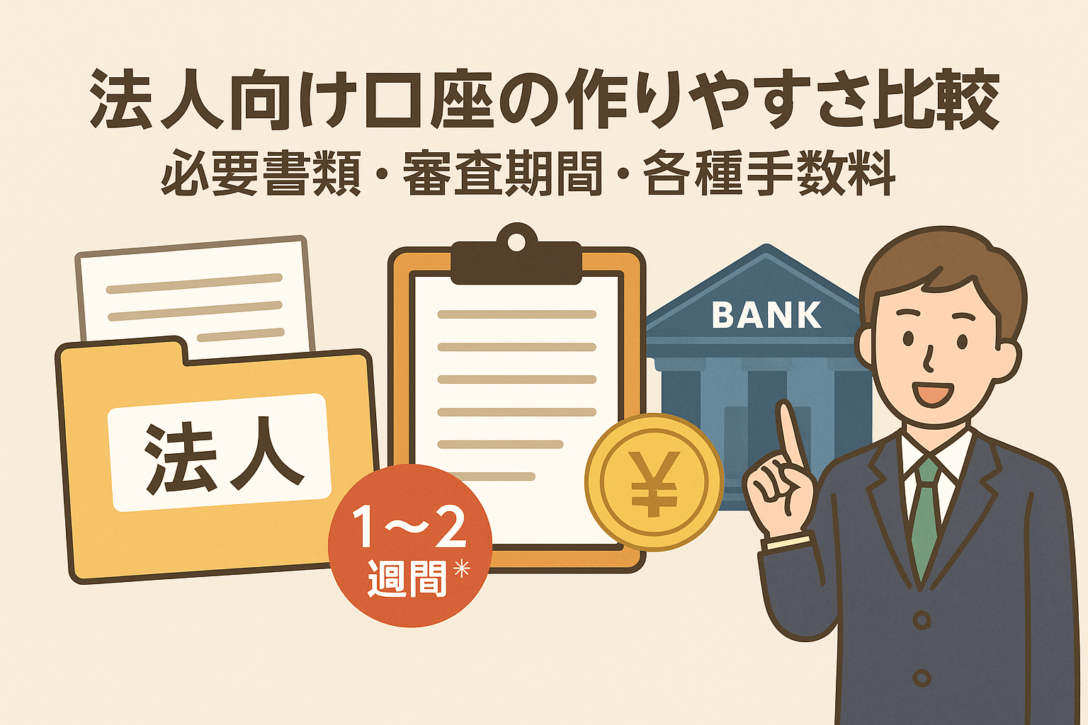 法人向け口座の開設に関する比較を示すイラスト。書類フォルダ、チェックリスト、銀行の建物、スーツ姿のビジネスマンを背景に「法人向け口座の作りやすさ比較｜必要書類・審査期間・各種手数料」と書かれたデザイン。