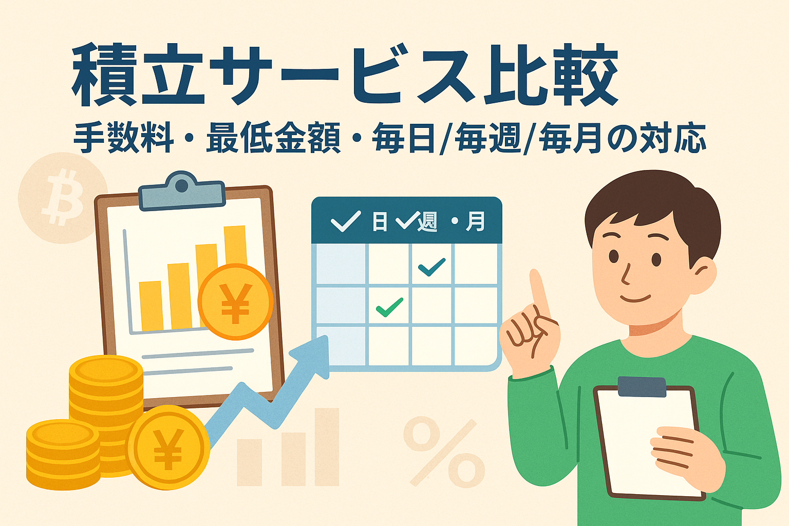 仮想通貨の積立サービスを比較するイラスト。カレンダー、円マークのコイン、上昇グラフ、クリップボードを持つ人物を背景に「積立サービス比較｜手数料・最低金額・毎日/毎週/毎月の対応」と書かれたデザイン。