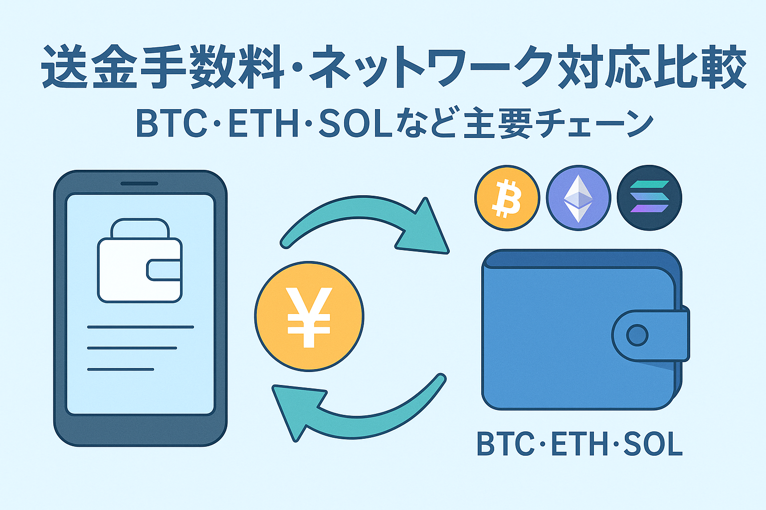 BTC・ETH・SOLの送金ネットワークと手数料を比較するイラスト。スマホのウォレット画面と円マーク、矢印、各チェーンのアイコンを配し、薄いブルー基調で親しみやすく表現。