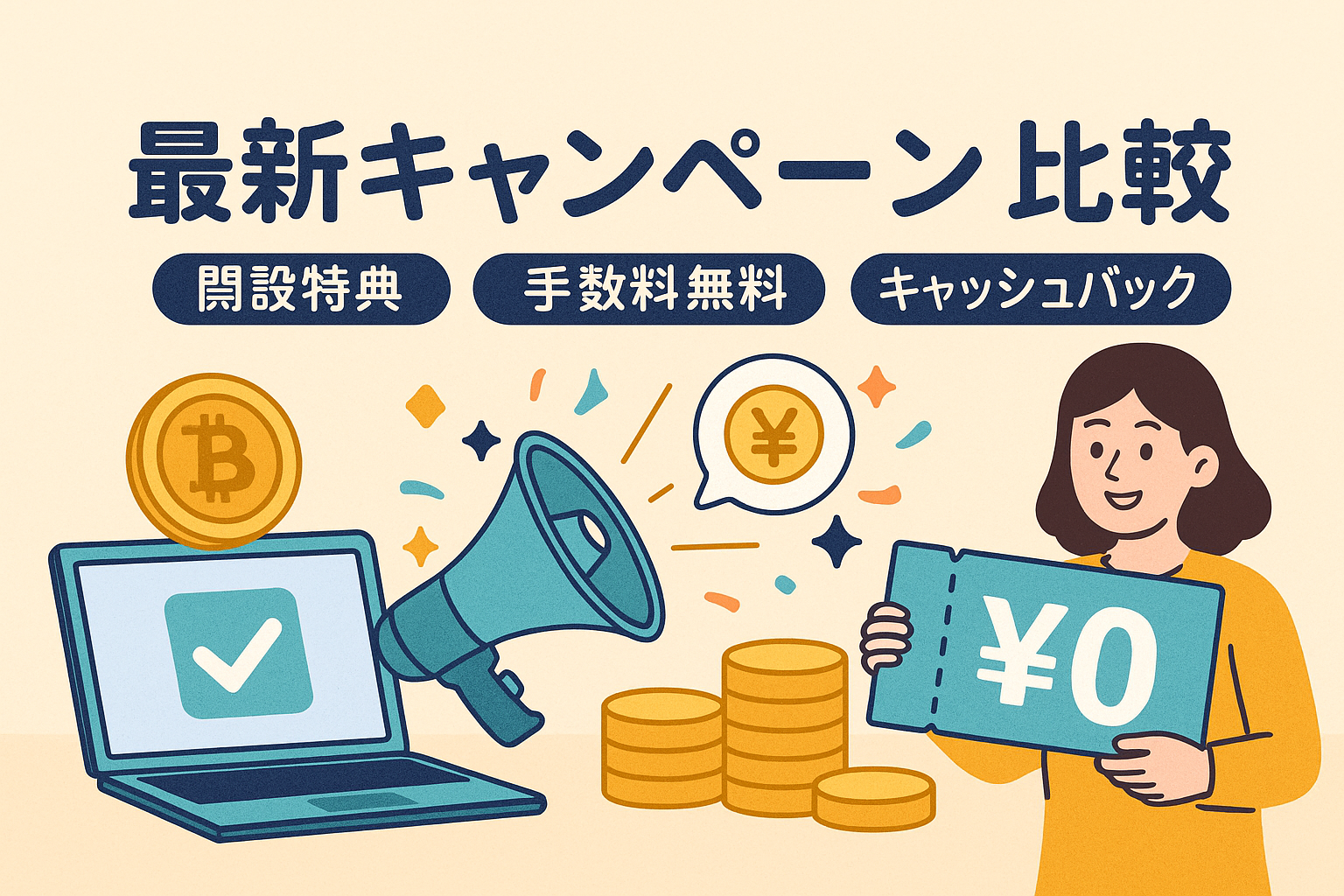 仮想通貨取引所の最新キャンペーンを比較するイラスト。ビットコインやイーサリアムのアイコン、パソコン、コイン、女性がキャッシュバック券を持つ構図で「最新キャンペーン比較｜開設特典・手数料無料・キャッシュバック」と書かれたデザイン。