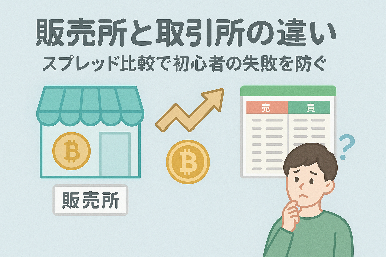 販売所と取引所の違いを説明するイラスト。ビットコインのアイコン、店舗と取引画面、スプレッドを示す矢印、考える男性のイラストが描かれ、見出しに「販売所と取引所の違い｜スプレッド比較で初心者の失敗を防ぐ」と書かれた親しみやすいデザイン。