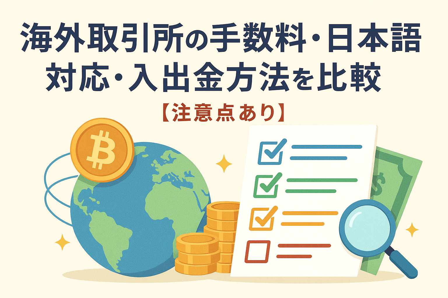 海外仮想通貨取引所の比較をテーマにしたイラスト。地球とビットコインのコイン、チェックリスト、虫眼鏡が描かれ、「海外取引所の手数料・日本語対応・入出金方法を比較【注意点あり】」と書かれたデザイン。