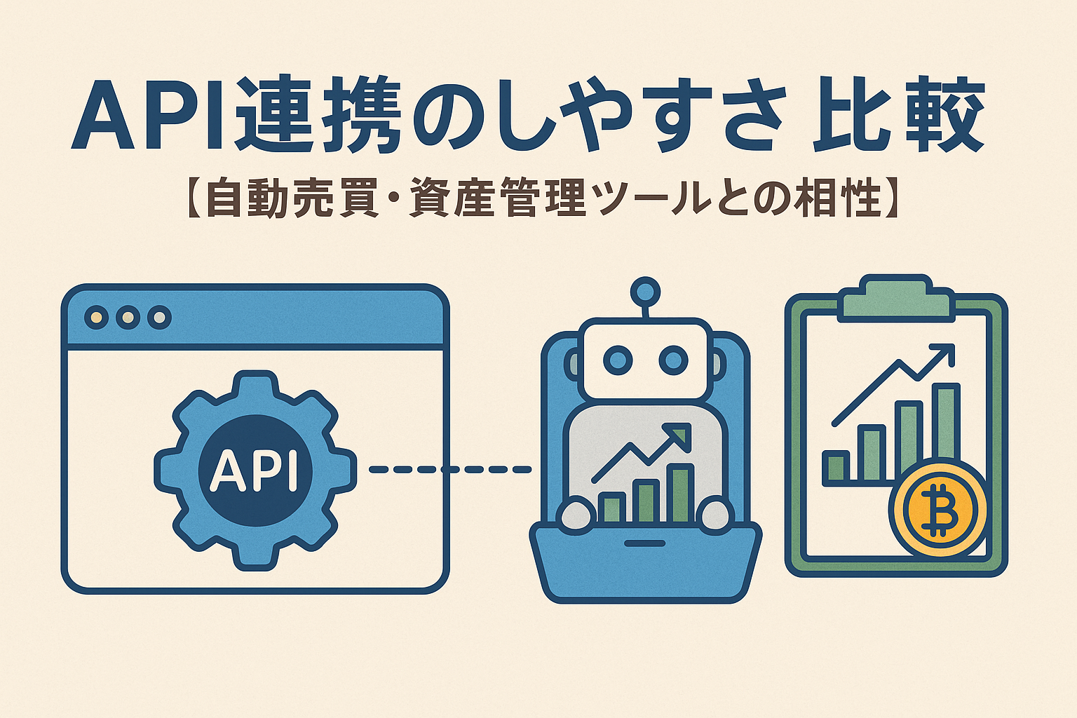 仮想通貨取引所のAPI連携をテーマにしたイラスト。APIの歯車アイコン、自動売買ロボット、資産管理チャートを描き、「API連携のしやすさ比較｜自動売買・資産管理ツールとの相性」と日本語で記載されたデザイン。