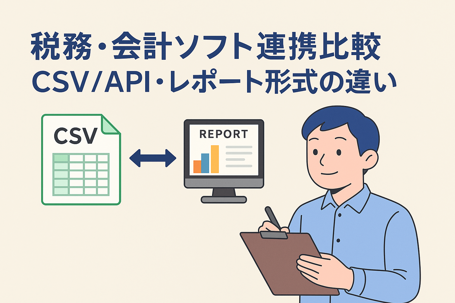 税務・会計ソフトのCSVとAPI連携を比較するイメージ。CSVファイルとレポート画面を矢印でつなぎ、分析する男性が描かれたビジネス風イラスト。