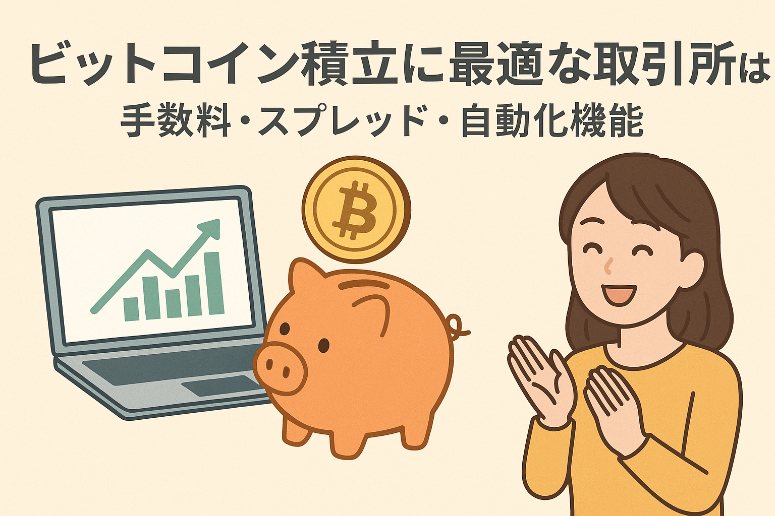 ビットコイン積立に最適な取引所をテーマにしたイラスト。パソコン画面の上昇グラフ、ビットコインコイン、貯金箱、笑顔の女性を描いた親しみやすいデザイン。