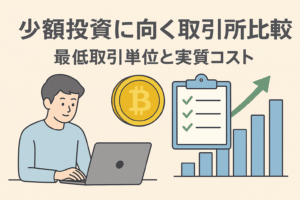 少額投資に向く取引所の比較を表すアイキャッチ。ノートPCを操作する人物、ビットコイン硬貨、チェックリスト、上昇グラフを淡い色調で配置し、日本語見出しを大きく表示。