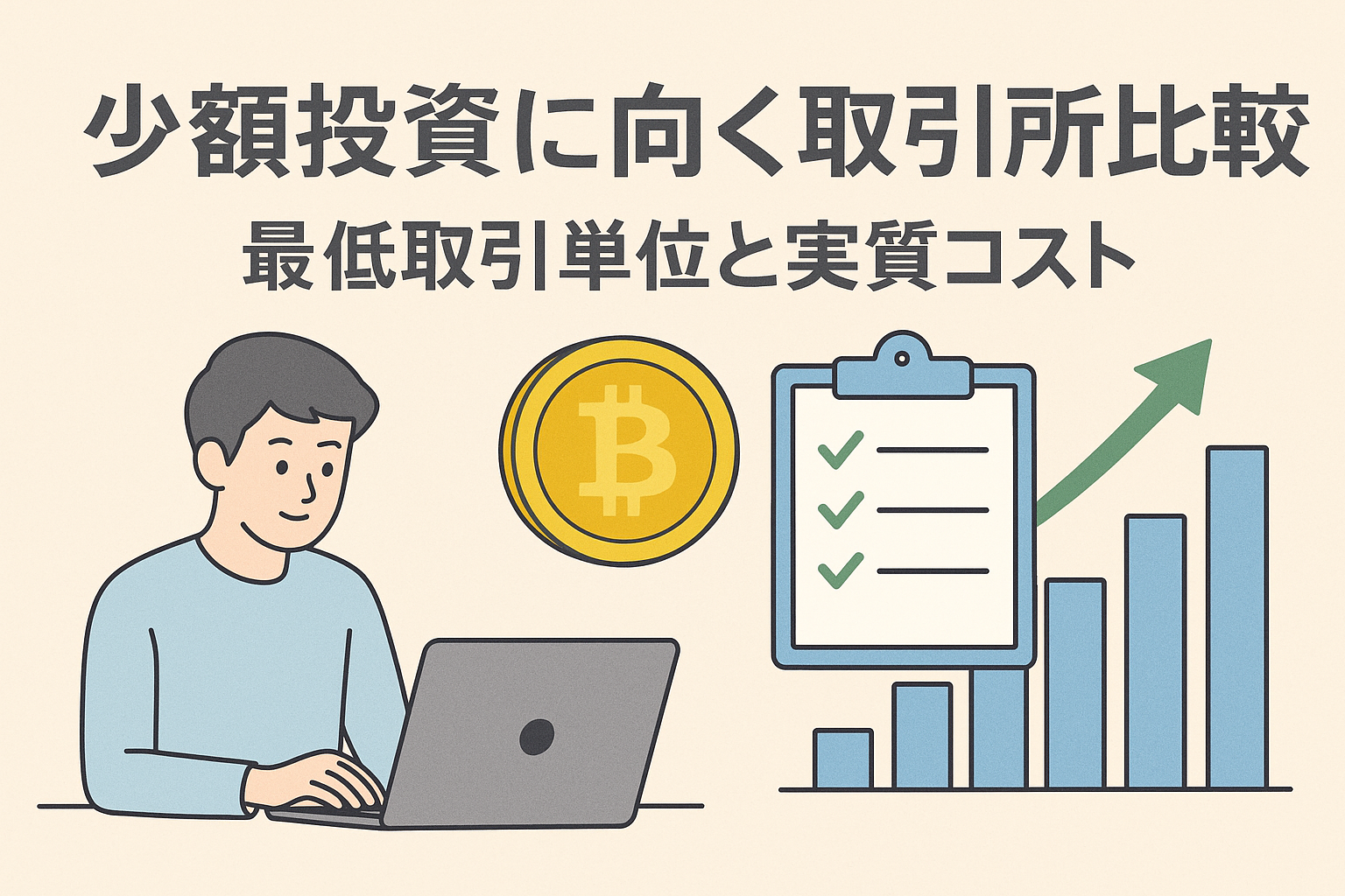 少額投資に向く取引所の比較を表すアイキャッチ。ノートPCを操作する人物、ビットコイン硬貨、チェックリスト、上昇グラフを淡い色調で配置し、日本語見出しを大きく表示。