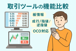 仮想通貨の取引ツール機能比較をテーマにしたイラスト。板情報、OCO注文、成行・指値・逆指値などの注文画面をパソコンとスマホで確認する人物を描いた親しみやすいデザイン。