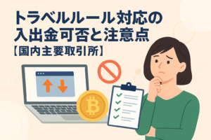 仮想通貨のトラベルルール対応をテーマにしたイラスト。送金可否やチェックリスト、ビットコインのコイン、考える女性などを描き、国内主要取引所での注意点を表現。
