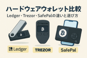 Ledger・Trezor・SafePalの3種類のハードウェアウォレットを比較した日本語アイキャッチ画像。各デバイスのイラストとタイトルが中央に配置され、仮想通貨の保管方法の違いを視覚的に表現。