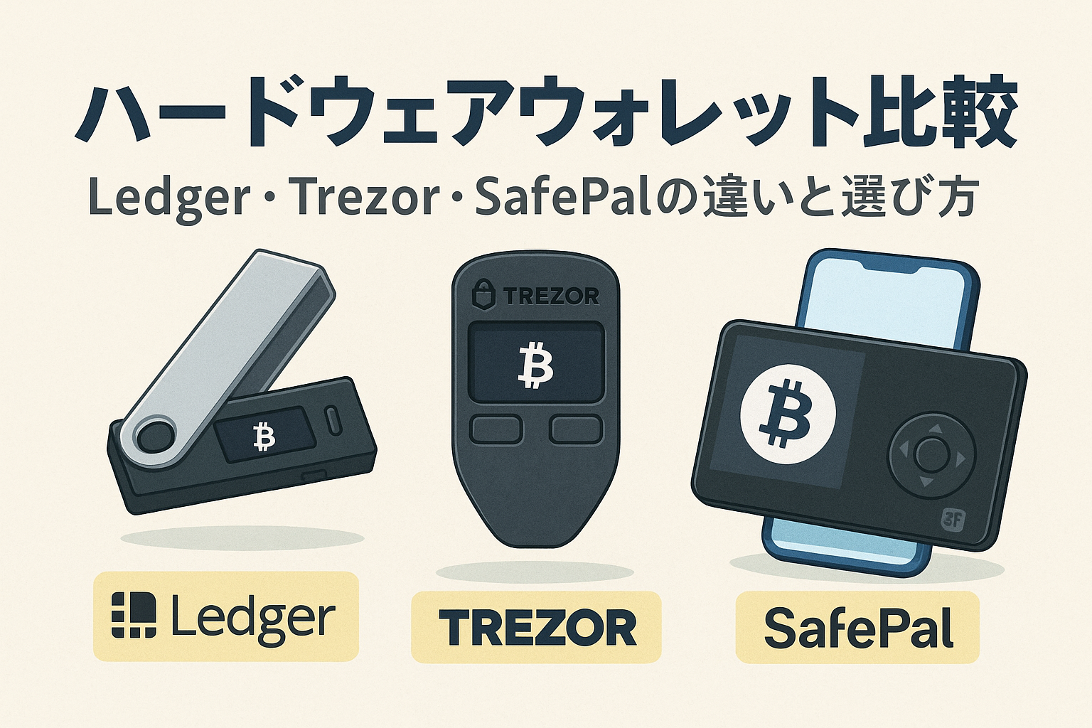 Ledger・Trezor・SafePalの3種類のハードウェアウォレットを比較した日本語アイキャッチ画像。各デバイスのイラストとタイトルが中央に配置され、仮想通貨の保管方法の違いを視覚的に表現。