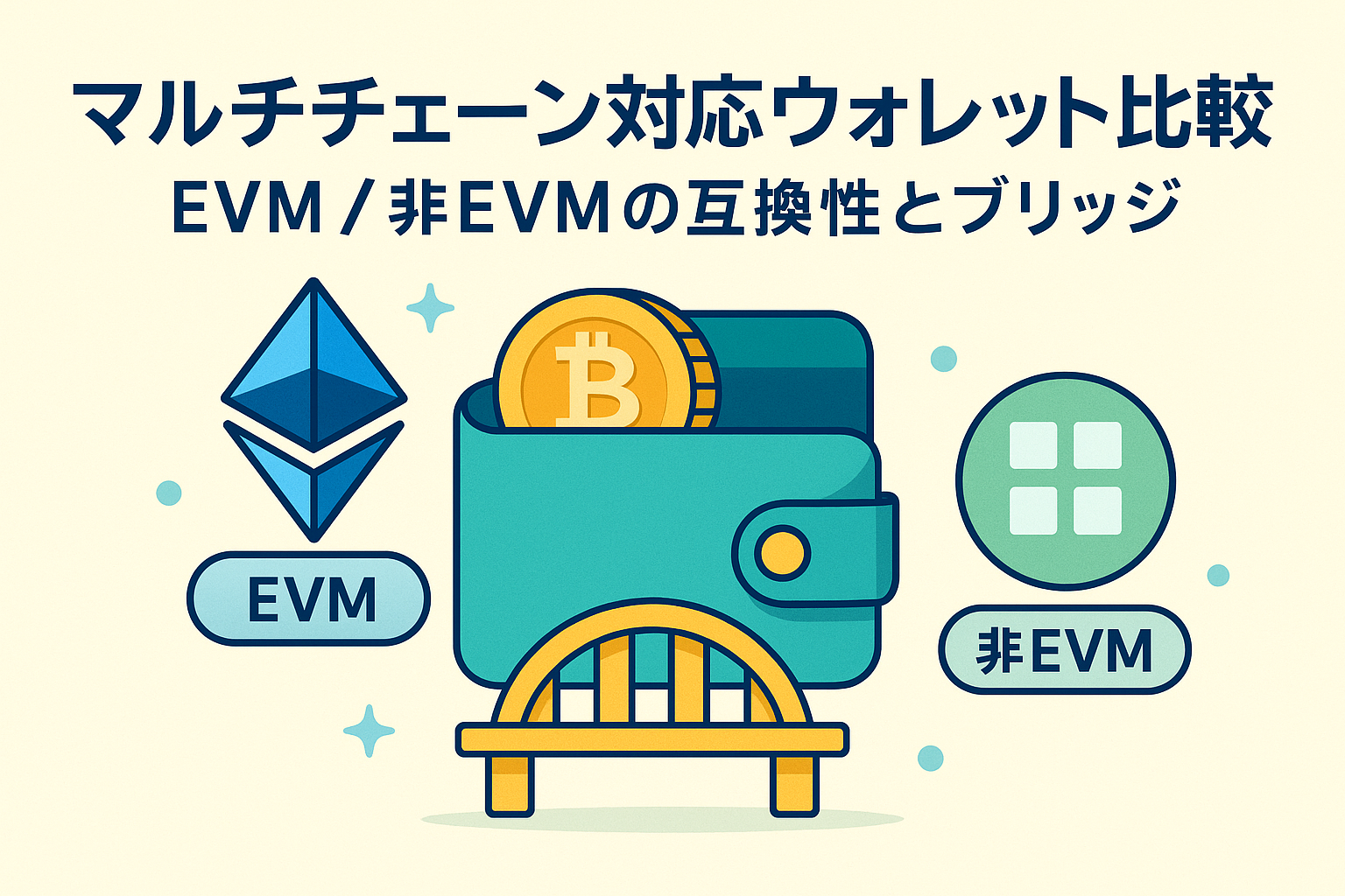 マルチチェーン対応ウォレットの比較をイメージしたイラスト。中央に仮想通貨ウォレットとブリッジが描かれ、左にEVM、右に非EVMのアイコンが配置された構成。