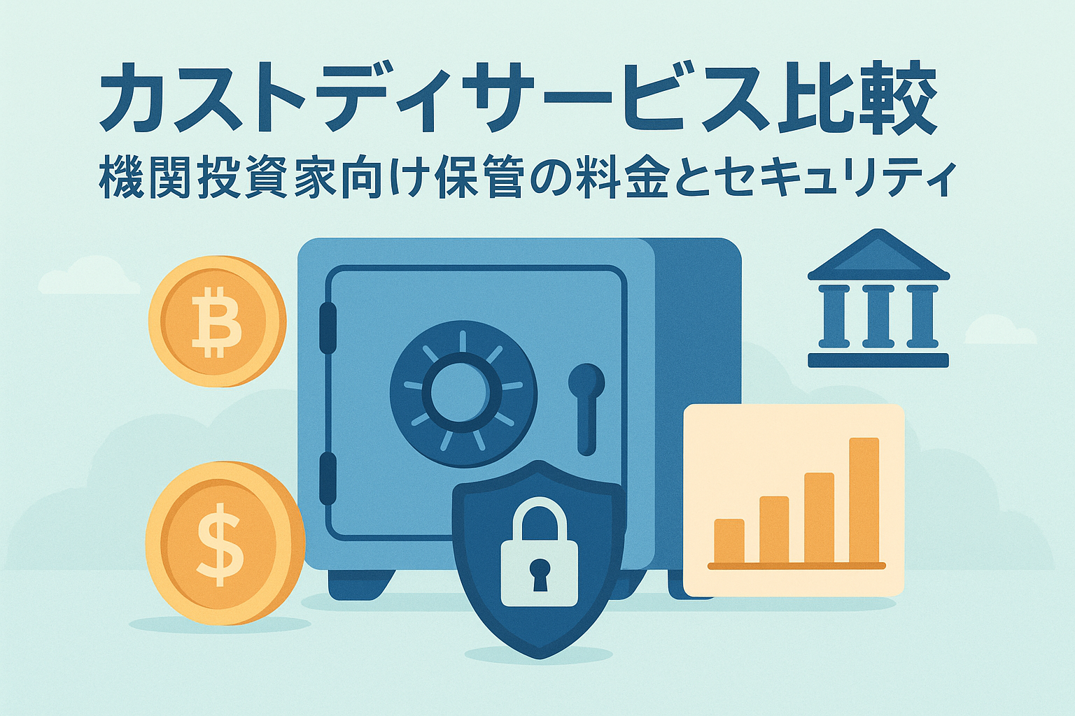 カストディサービスの比較をイメージしたイラスト。中央に青い金庫とロックシンボルがあり、周囲にビットコインやグラフ、銀行のアイコンが配置された構成。