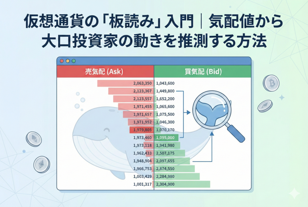 仮想通貨の取引板（オーダーブック）のイラスト。売気配と買気配の数字の背景に巨大なクジラ（大口投資家）が潜んでおり、虫眼鏡でその動きを探っている様子。気配値から市場の心理を読み解く「板読み」のイメージを親しみやすく表現しています。
