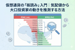 仮想通貨の取引板（オーダーブック）のイラスト。売気配と買気配の数字の背景に巨大なクジラ（大口投資家）が潜んでおり、虫眼鏡でその動きを探っている様子。気配値から市場の心理を読み解く「板読み」のイメージを親しみやすく表現しています。