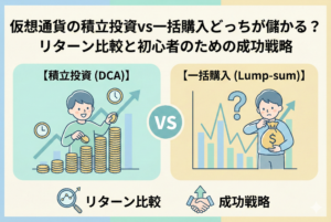 「仮想通貨の積立投資vs一括購入どっちが儲かる？リターン比較と初心者のための成功戦略」というタイトルのアイキャッチ画像。左側にコツコツとコインを積み立てる「積立投資（DCA）」のイラスト、右側に一括で投資しようと悩む「一括購入（Lump-sum）」のイラストが描かれ、中央で比較されています。親しみやすいデザインで、リターン比較と成功戦略のアイコンも配置されています。