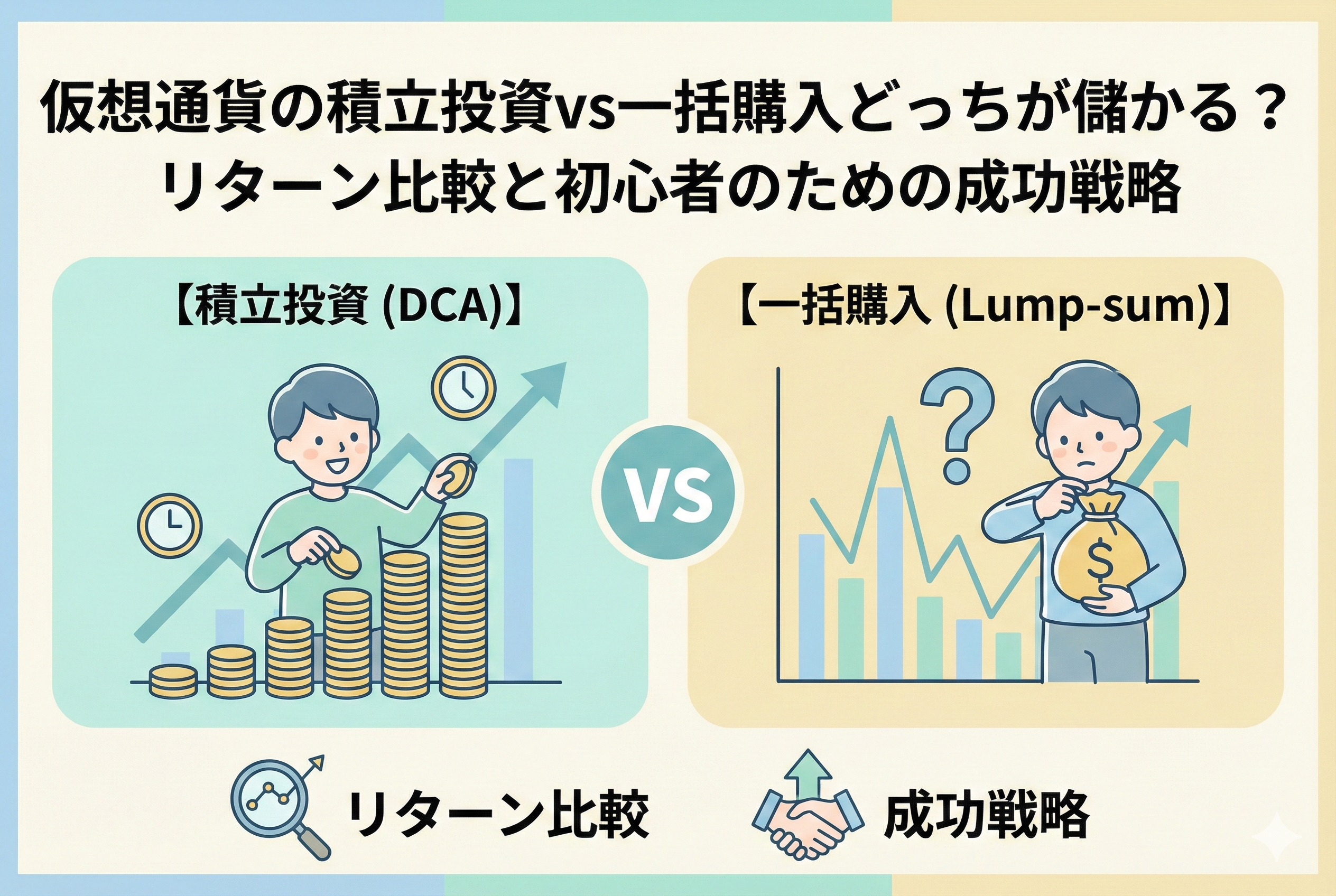 「仮想通貨の積立投資vs一括購入どっちが儲かる？リターン比較と初心者のための成功戦略」というタイトルのアイキャッチ画像。左側にコツコツとコインを積み立てる「積立投資（DCA）」のイラスト、右側に一括で投資しようと悩む「一括購入（Lump-sum）」のイラストが描かれ、中央で比較されています。親しみやすいデザインで、リターン比較と成功戦略のアイコンも配置されています。
