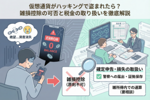 仮想通貨のハッキング被害と税金の取り扱いをイメージしたイラスト。ハッキングされたスマートフォンや流出するコインのアイコン、そして「雑損控除は使える？」という問いかけに対し、現在の税制上の厳しい現実を象徴する図解が、清潔感のある精緻なデザインで描かれています。