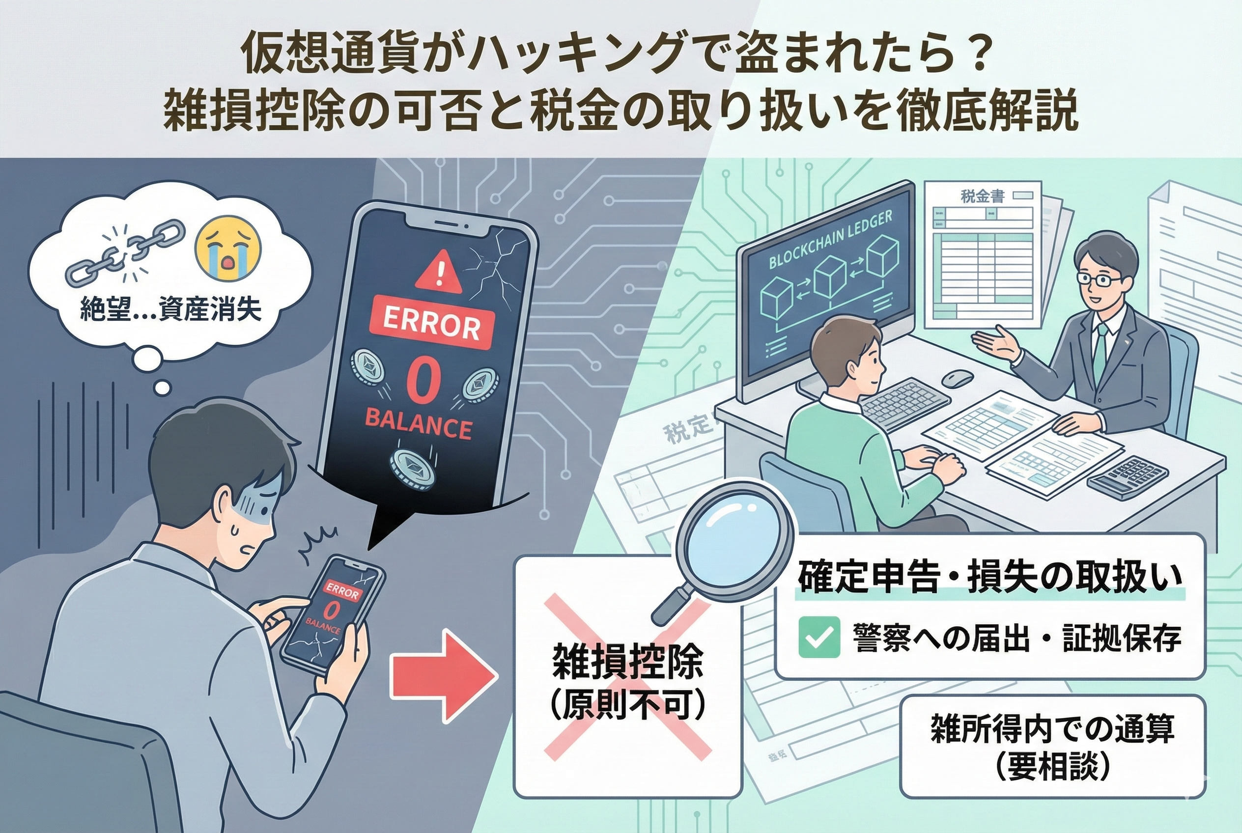 仮想通貨のハッキング被害と税金の取り扱いをイメージしたイラスト。ハッキングされたスマートフォンや流出するコインのアイコン、そして「雑損控除は使える?」という問いかけに対し、現在の税制上の厳しい現実を象徴する図解が、清潔感のある精緻なデザインで描かれています。