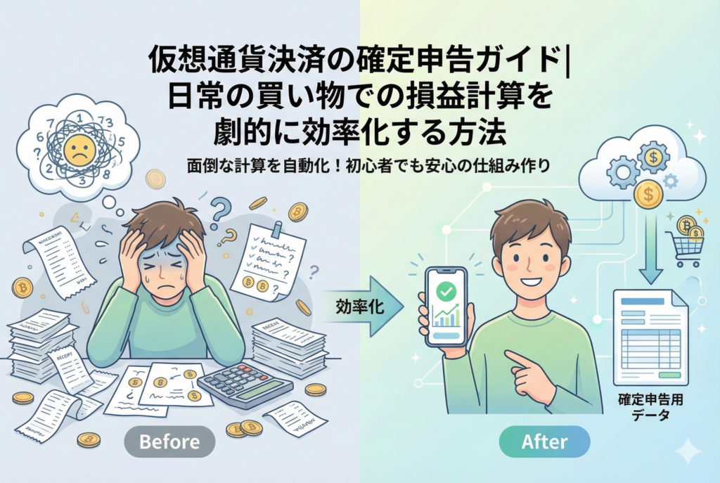 仮想通貨決済の確定申告ガイドのアイキャッチ画像。中央に「日常の買い物での損益計算を劇的に効率化する方法」というタイトルがあり、左側はレシートの山と電卓に囲まれ頭を抱える「Before」の男性、右側はスマホと自動化ツールを使って笑顔で確定申告データを作成する「After」の男性が描かれているビフォーアフターのイラスト。