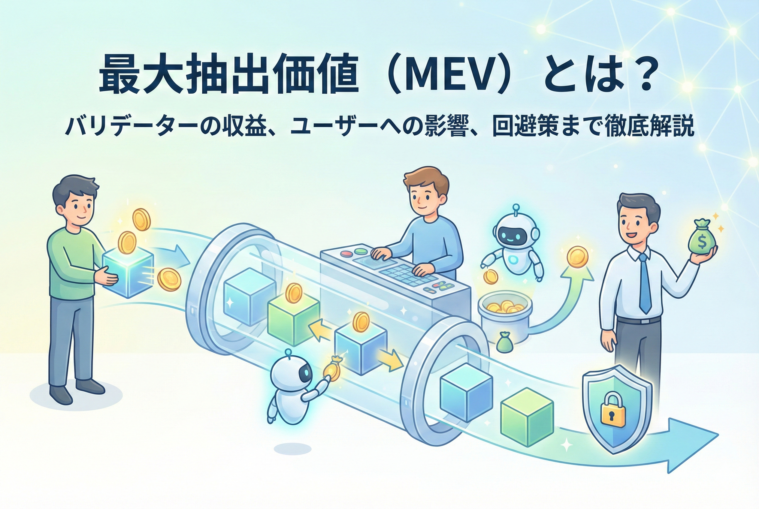 ブロックチェーン上の取引を並び替えて利益を得る「最大抽出価値（MEV）」の仕組みを図解したアイキャッチ画像。バリデーターやボット、取引の並び替え、そしてユーザーを保護する盾のアイコンが、清潔感のある明るいイラストで描かれています。
