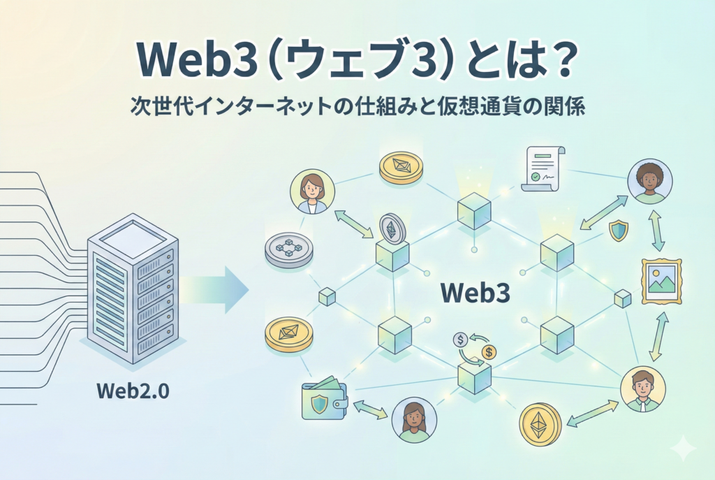 「Web3（ウェブ3）とは？次世代インターネットの仕組みと仮想通貨の関係」というタイトル文字と、中央集権的なWeb2.0のサーバーから、ブロックチェーンを利用した分散型のWeb3ネットワーク構造へと変化する様子を描いた解説イラスト。