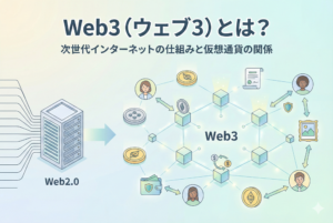 「Web3（ウェブ3）とは？次世代インターネットの仕組みと仮想通貨の関係」というタイトル文字と、中央集権的なWeb2.0のサーバーから、ブロックチェーンを利用した分散型のWeb3ネットワーク構造へと変化する様子を描いた解説イラスト。