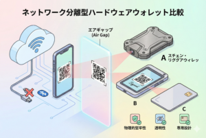 ネットワーク分離型ハードウェアウォレットの仕組みと、複数のモデルを比較したイラスト。左側のインターネットに接続されたスマホと、右側のウォレットデバイス（A, B, C）が「エアギャップ」という壁で物理的に遮断されています。USBやBluetoothの接続が禁止され、代わりにQRコードを読み取ることで安全に署名（Signed）を行うプロセスが視覚的に表現されています。各デバイスの特徴（物理的堅牢性、透明性など）もアイコンで示されています。