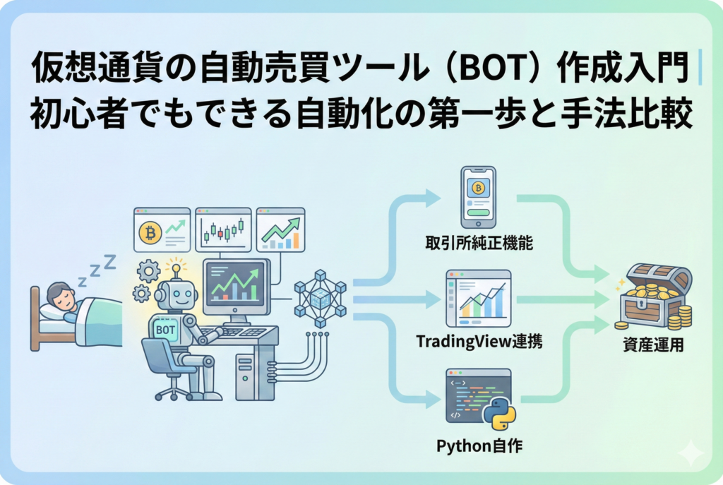 仮想通貨の自動売買ツール(BOT)作成入門をテーマにしたアイキャッチ画像。パステルカラーの背景に、取引チャートやデジタルなプログラムコードの断片、自動化を象徴する歯車やロボットのアイコンが精緻に描かれています。「初心者でもできる自動化の第一歩」という日本語見出しが含まれた、清潔感のあるデザインです。