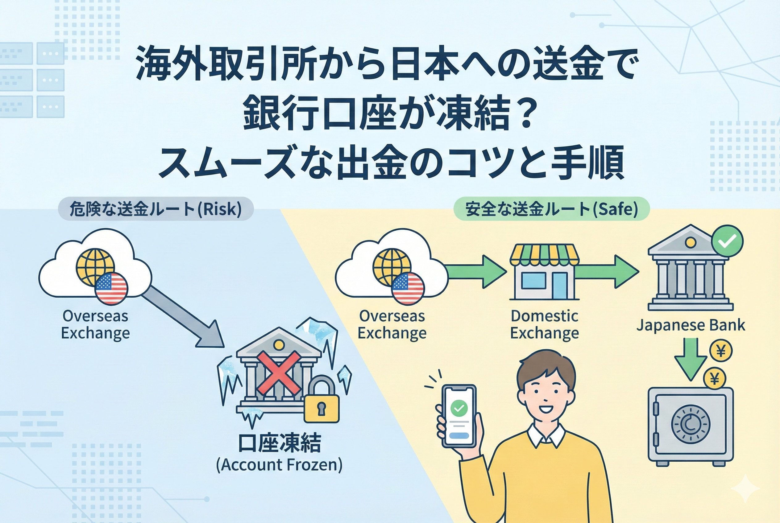 海外取引所から日本の銀行口座へ安全に送金する流れを描いたイラスト。直接送金による「口座凍結」のリスク(赤い警告アイコン)と、国内取引所をクッションとして経由する「スムーズな出金ルート」(青いチェックマーク)が対比され、資産を確実に日本円に戻すためのコツを図解しています。