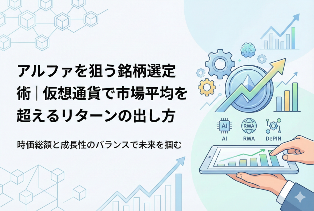 「アルファを狙う銘柄選定術」というタイトルと、右肩上がりの上昇グラフ、AI・RWA・DePINのアイコンが描かれた、仮想通貨の市場平均を超えるリターンをイメージしたアイキャッチ画像。